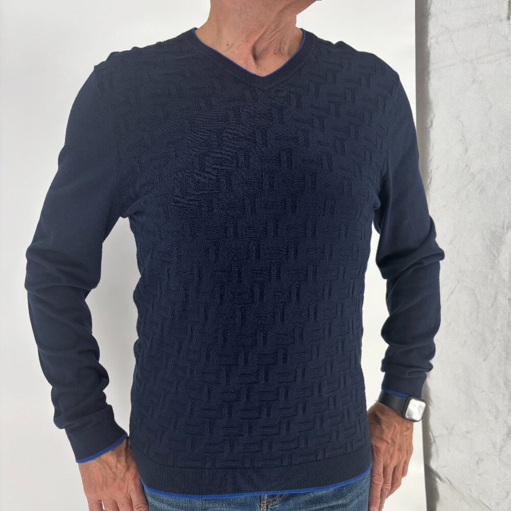 Ted Baker Golf Navy Blue‎ Textured V-Neck Sweater Mens Size 4 Classic Preppy